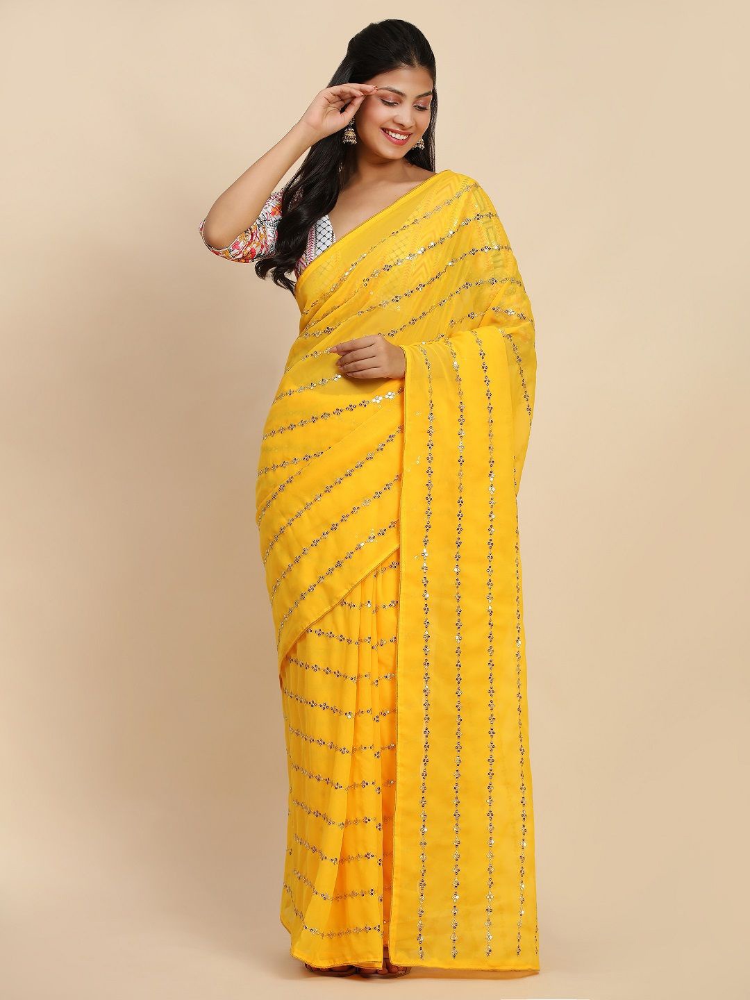 

Suha Embellished Sequinned Saree, Yellow