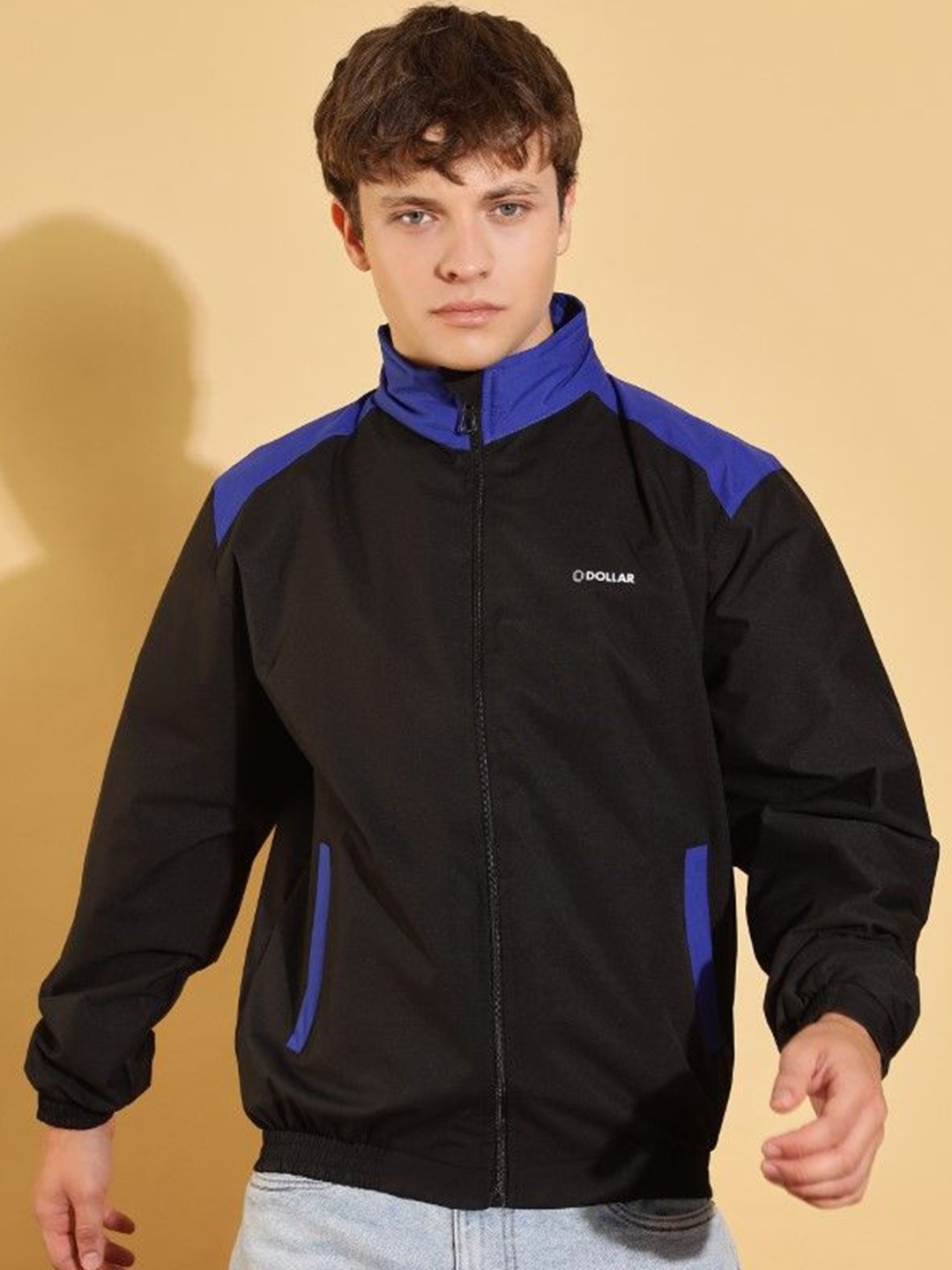 

Dollar Men Mock Collar Colourblocked Casual Bomber Jacket, Black