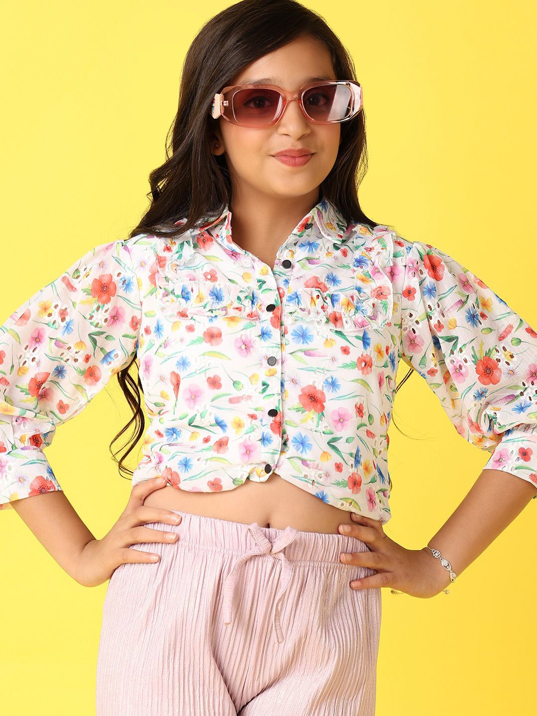 

V-Mart Girls Floral Print Cotton Shirt Style Crop Top, White