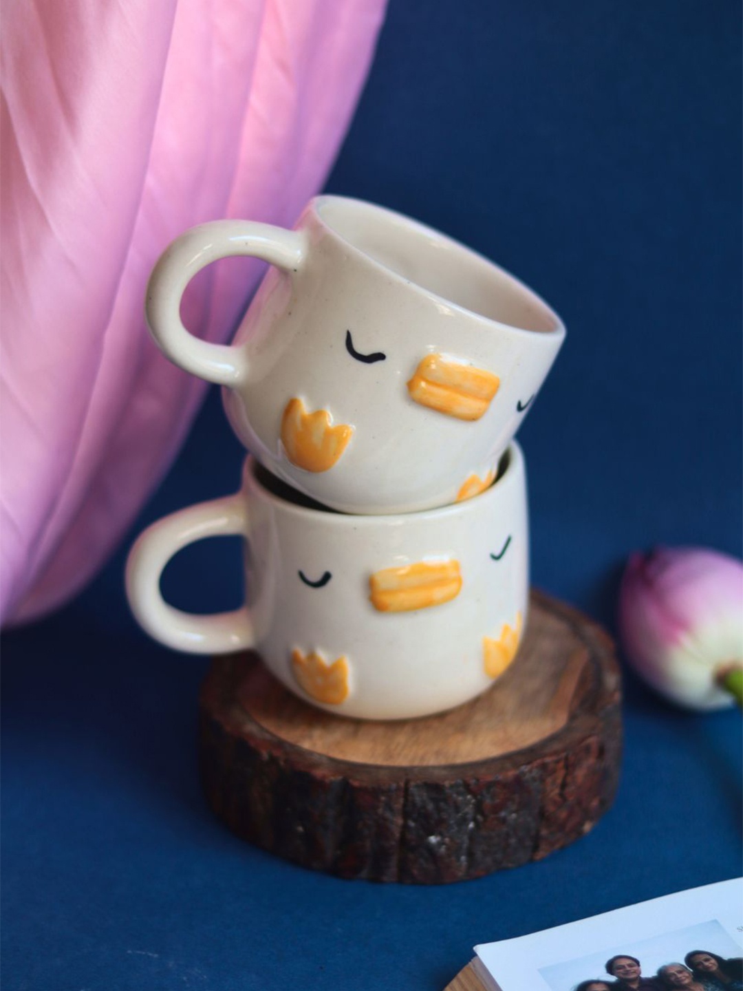 

WEAVING HOMES White & Yellow 2 Pieces Printed Ceramic Glossy Mugs