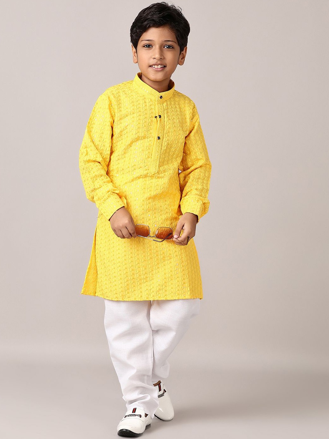 

V-Mart Boys Striped Embroidered Regular Sequinned Pure Cotton Kurta With Trouser, Yellow