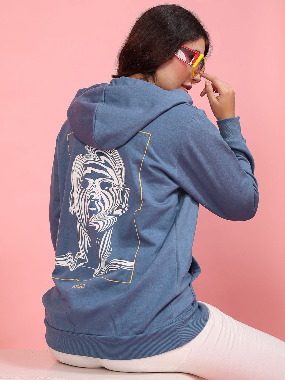 

Rigo Women Cotton Printed Hooded Sweatshirt, Blue