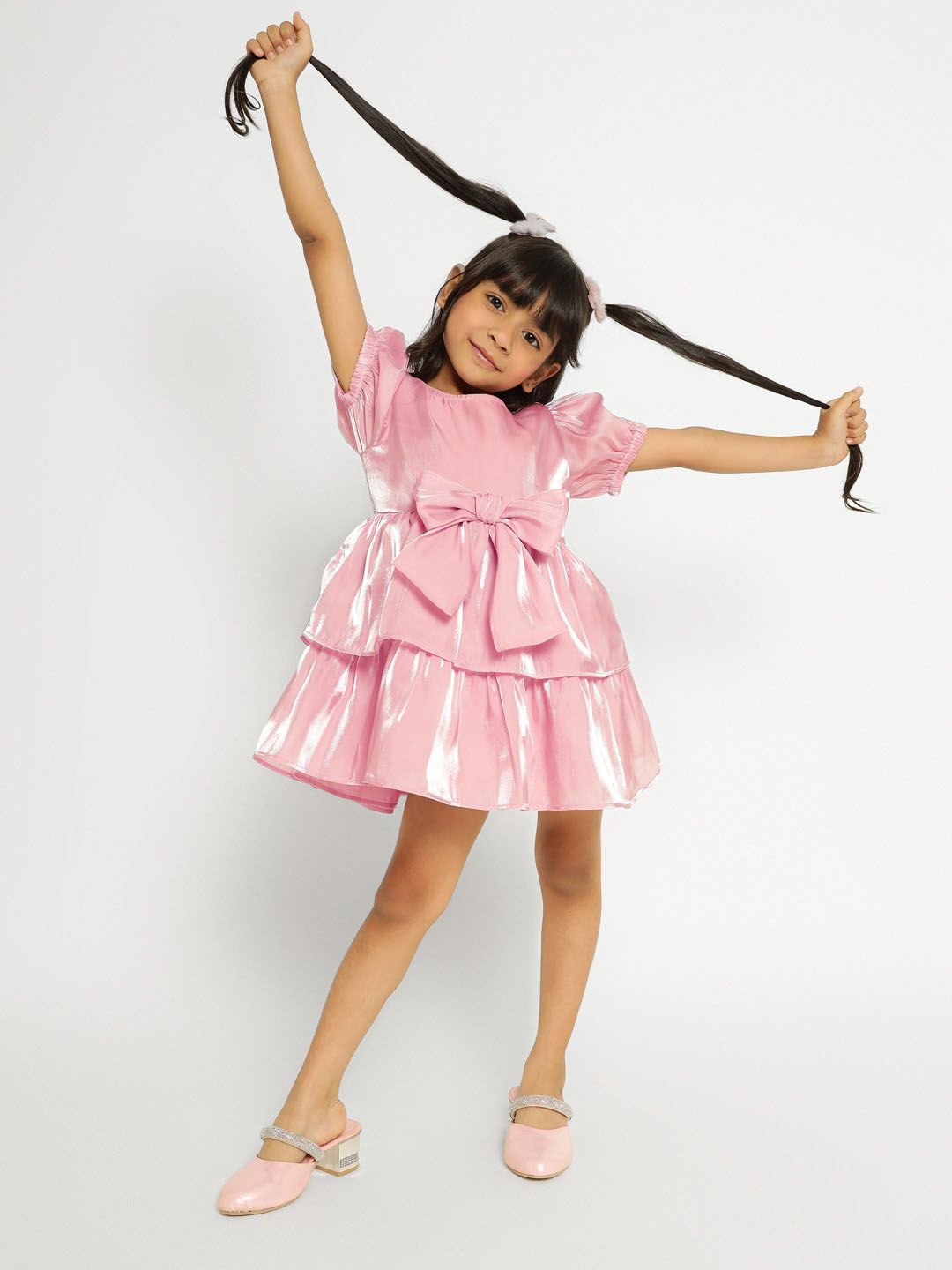 

Somersault Girls Round Neck Bow Detailed Cotton Fit & Flare Dress, Pink