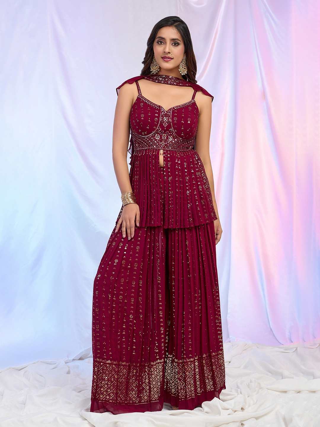 

Alaya Advani Ethnic Embroidered Empire Sequinned Kurti WithSharara & Dupatta, Maroon
