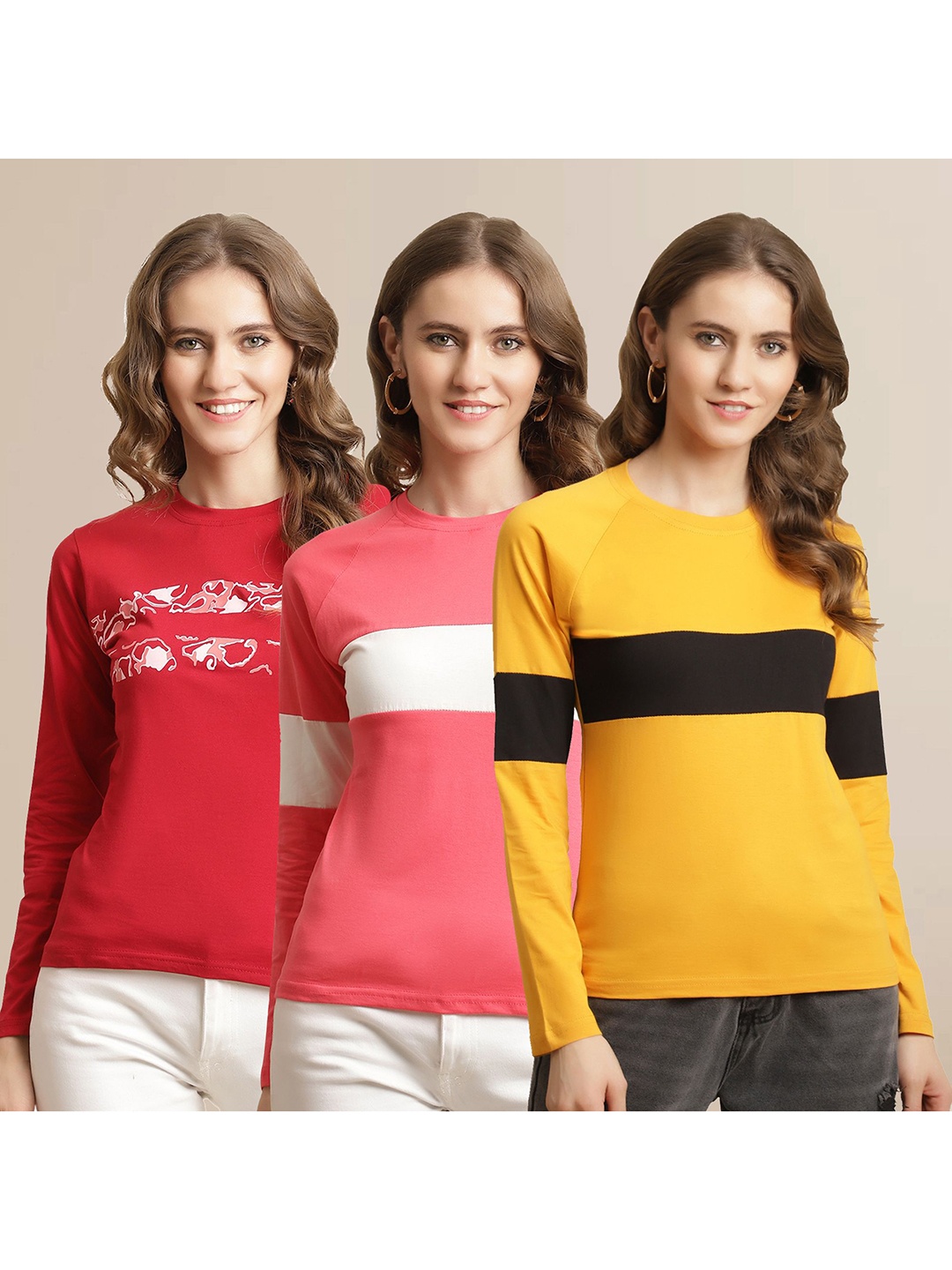 

Metronaut Women Pack Of 3 Striped Round Neck Cotton T-shirts, Yellow