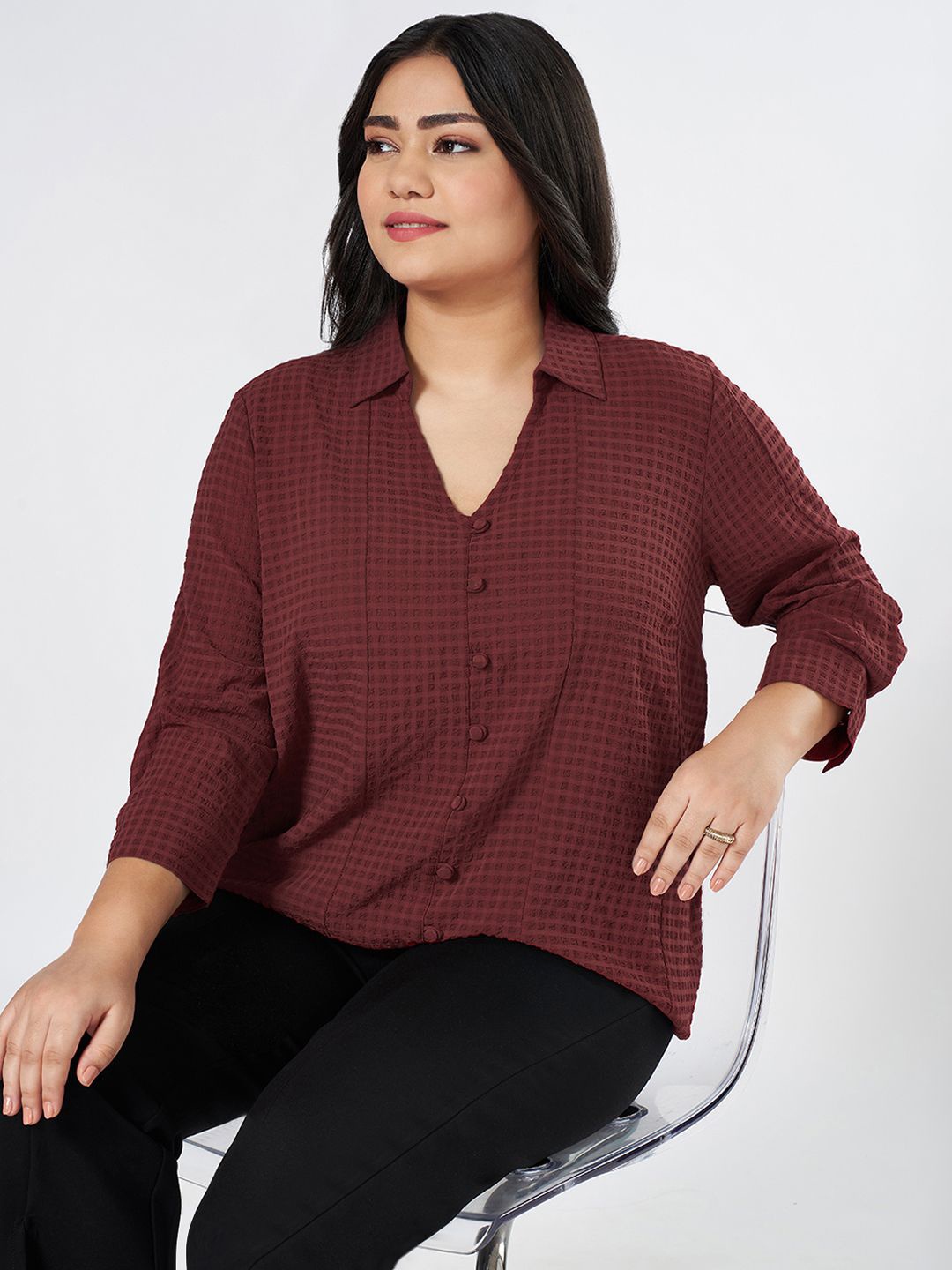 

Honey Curvytude by Pantaloons Women Shirt Collar Shirt Style Top, Red