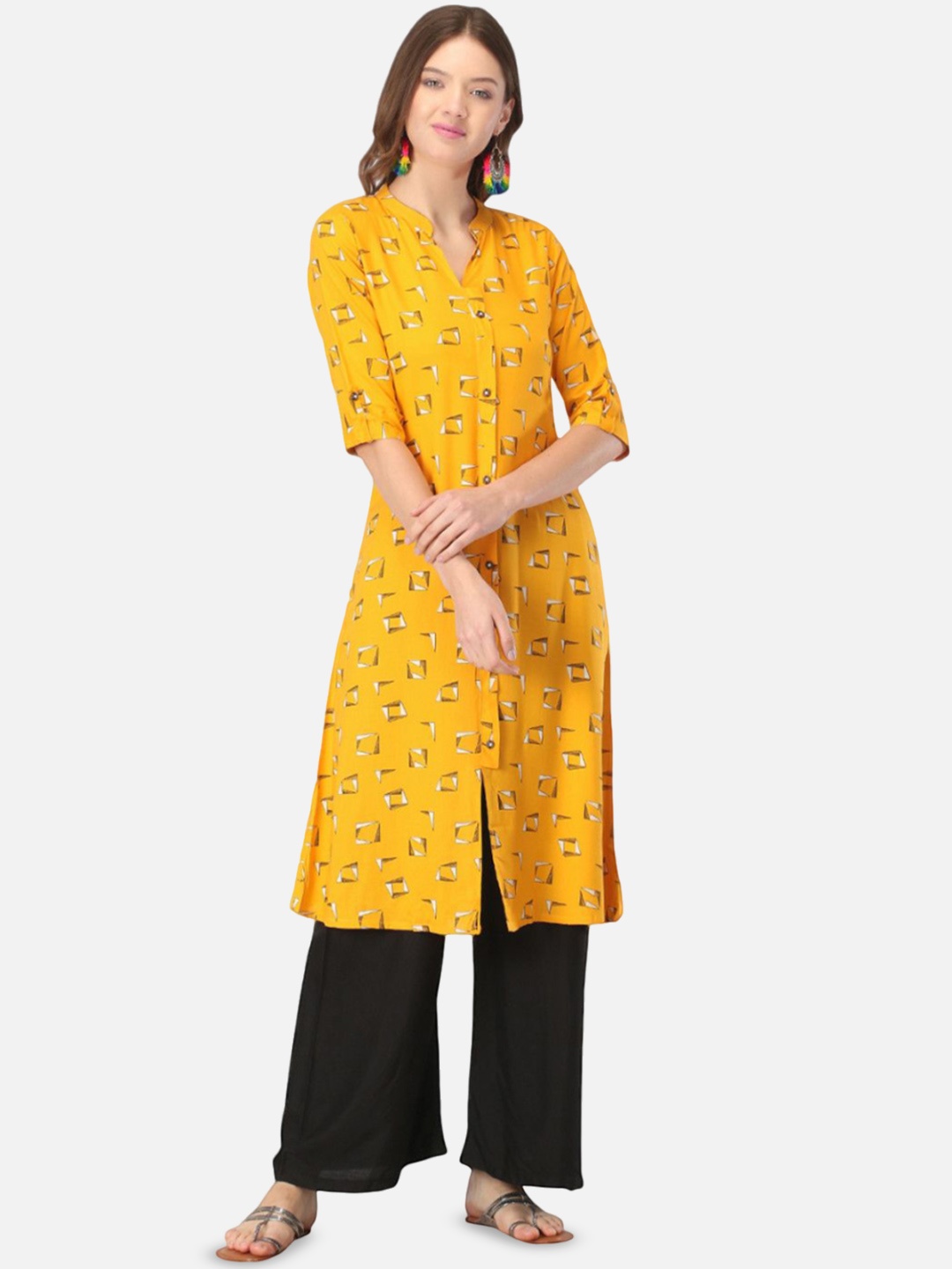 

Biyu Geometric Printed Mandarin Collar Pure Cotton A-Line Kurta, Yellow