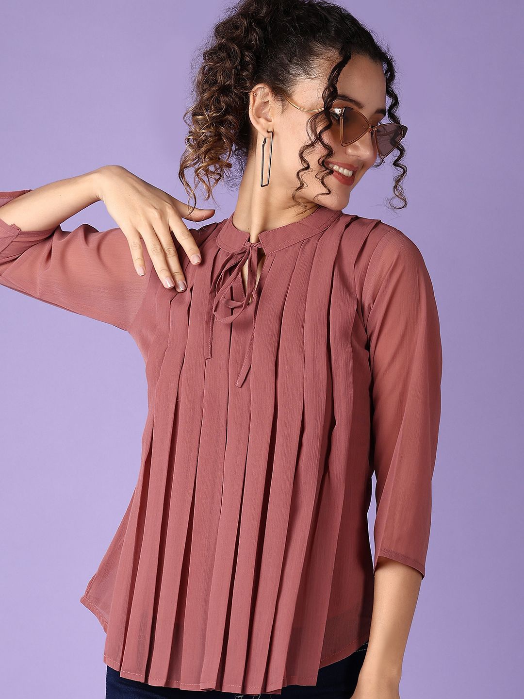 

V-Mart Women Tie-Up Neck Regular Top, Brown