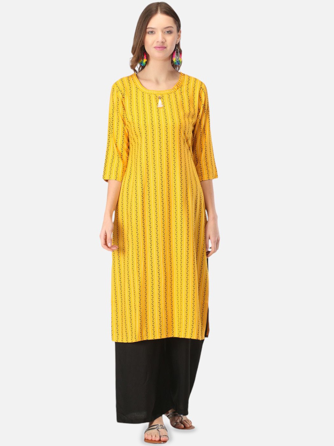 

Biyu Striped Printed Regular Cotton Straight Kurta, Yellow