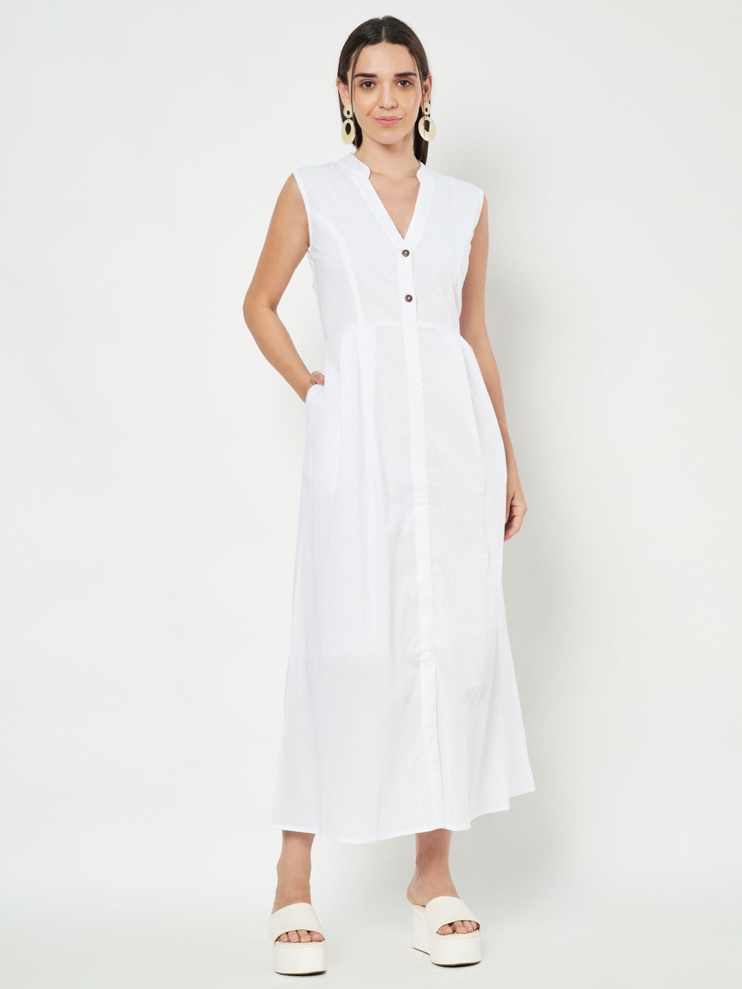 

BRINNS Women Mandarin Collar Cotton A-Line Maxi Dress, White