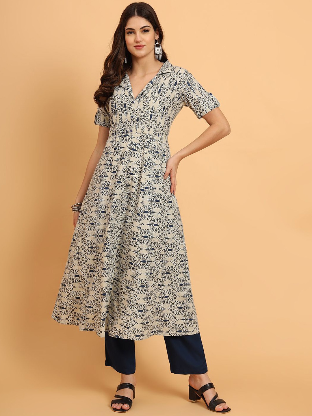 

KALINI Ethnic Motifs Printed Regular Pure Cotton A-Line Kurta with Trousers, Blue