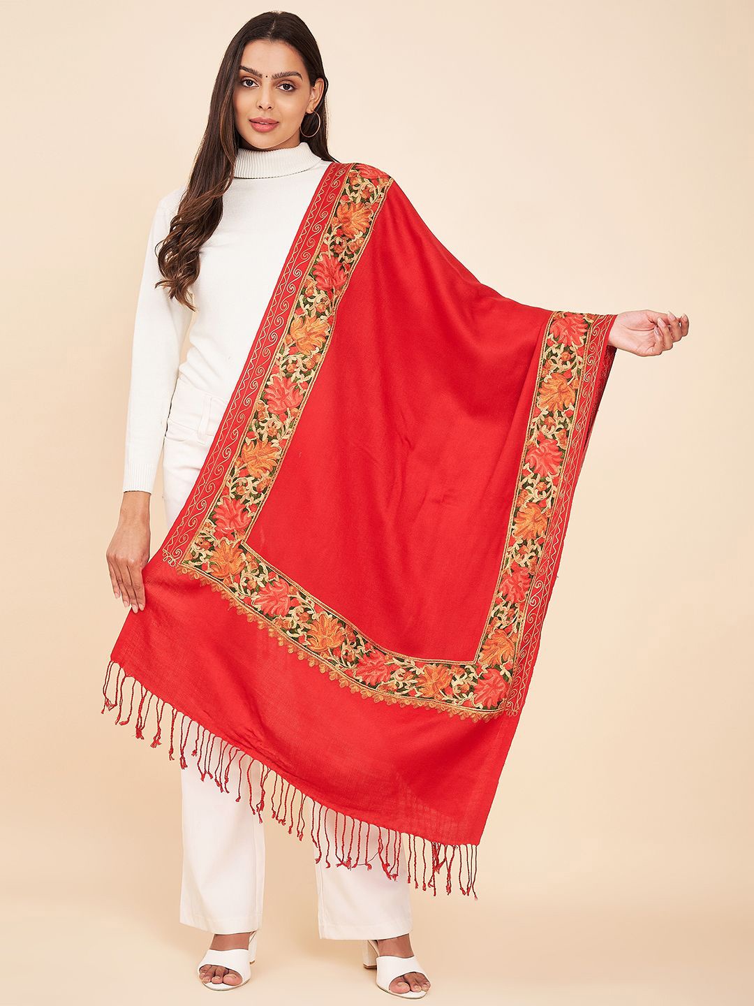 

Zamour Women Embroidered Stole, Red