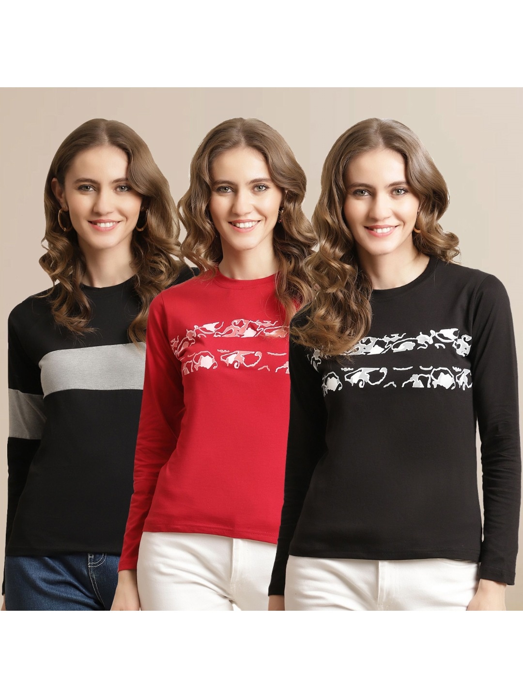 

Metronaut Women Pack Of 3 Printed Round Neck Cotton T-shirts, Black