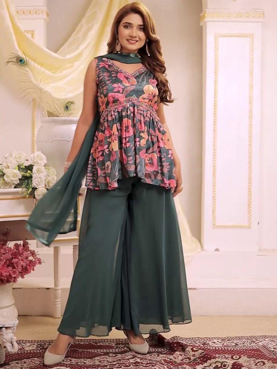 

LUGAI Floral Embroidered Beads and Stones A-Line Kurti With Sharara & Dupatta, Grey