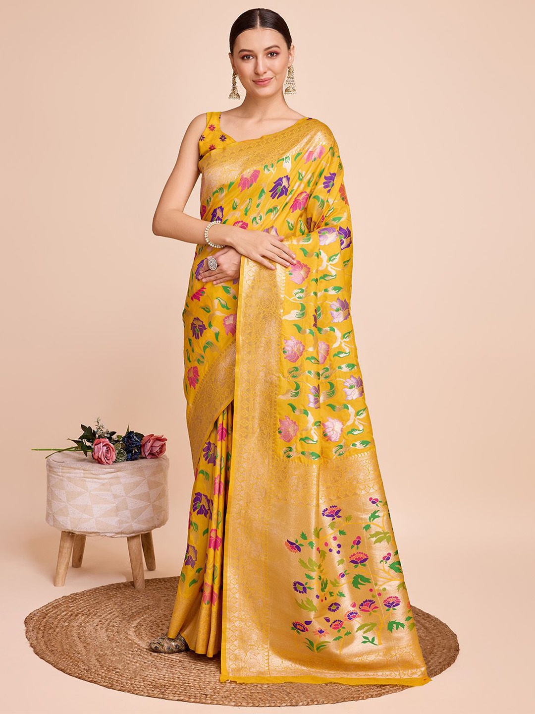 

Suha Woven Design Zari Pure Silk Paithani Saree, Yellow