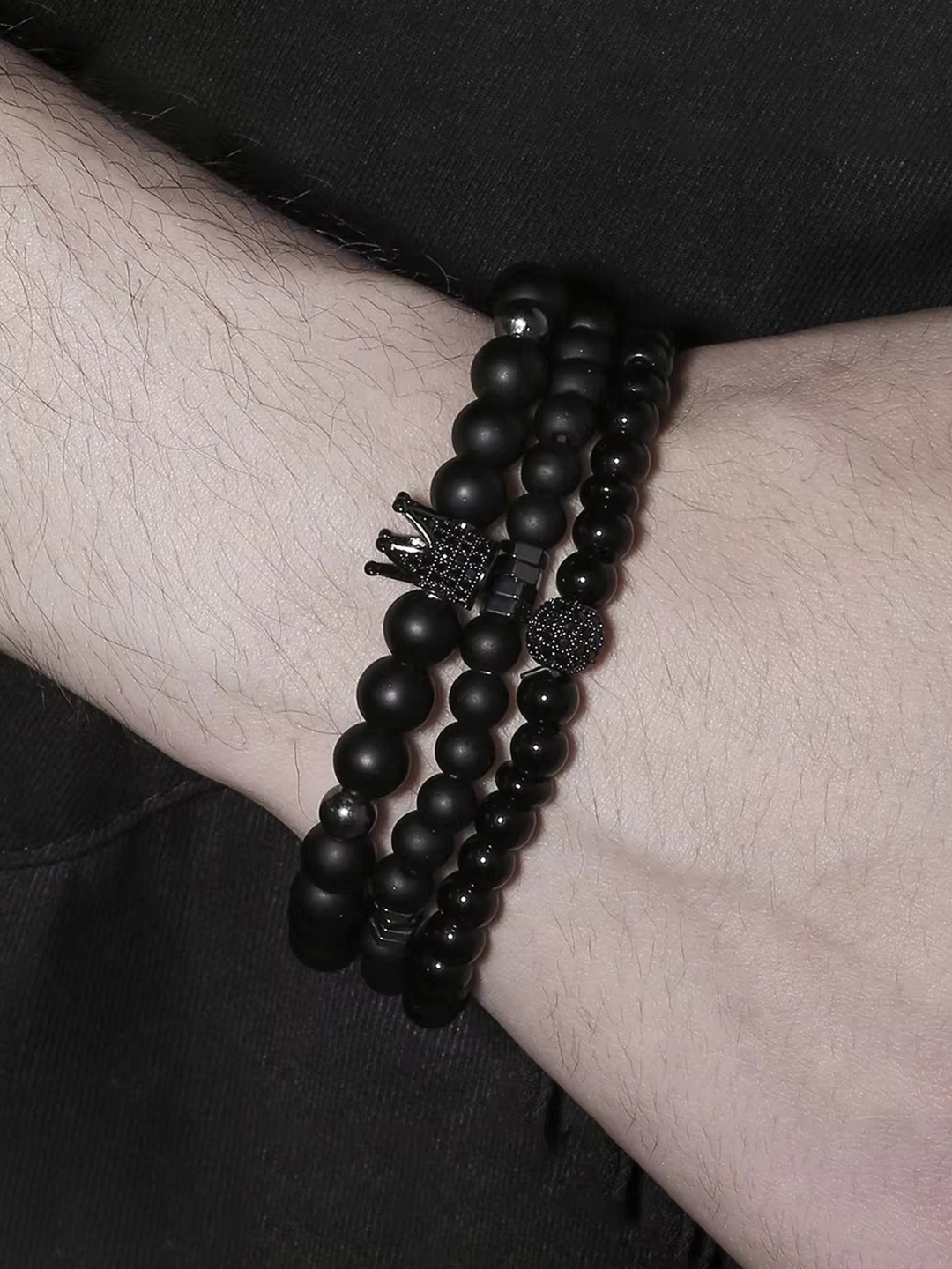 

Designs & You Men Set Of 3 Silver-Plated Beaded Elasticated Bracelets, Black