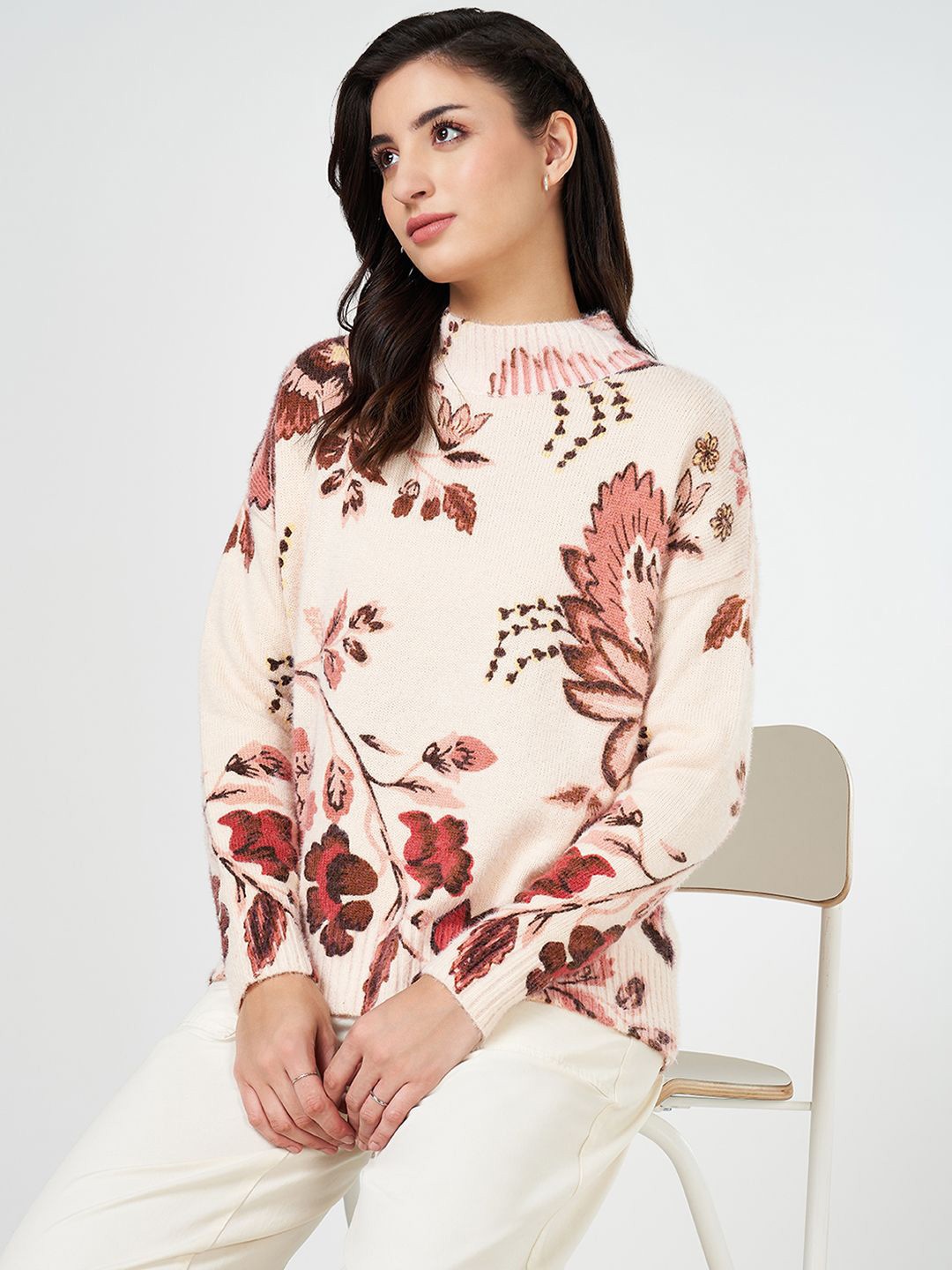 

Honey by Pantaloons Women Floral Printed Mock Collar Pullover, Off white