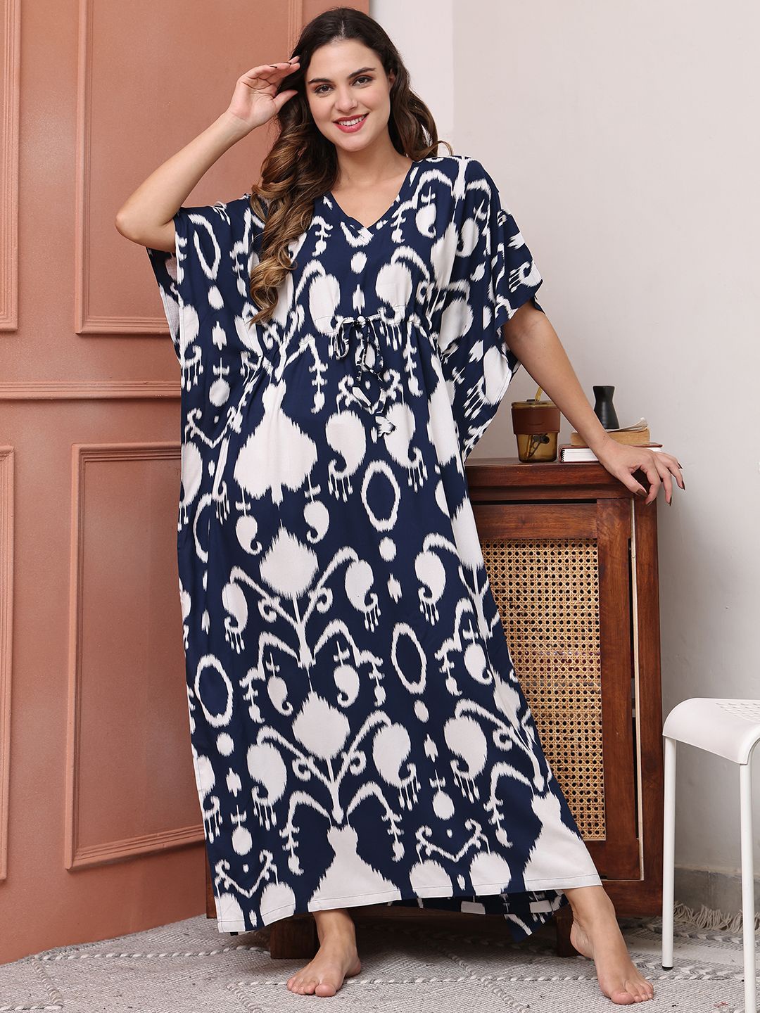 

Boston Club Women Printed Kaftan Maxi Nightdress, Navy blue