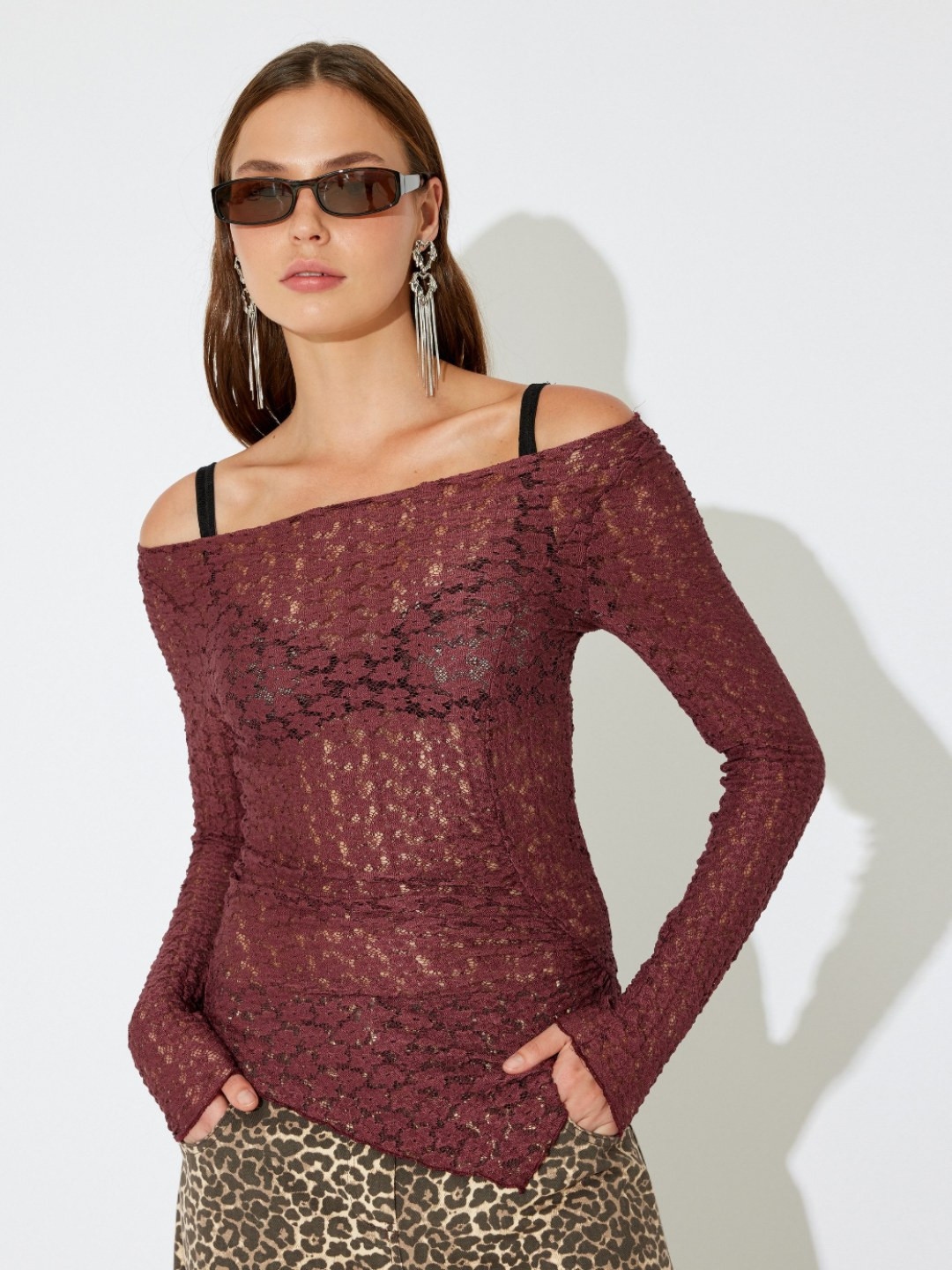 

Koton Women Self Design Boat Neck Fitted Top, Maroon