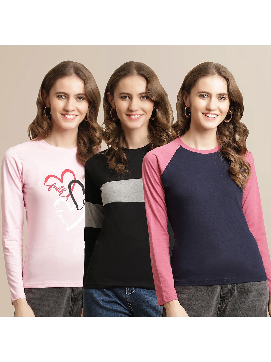 

Metronaut Women Pack Of 3 Colourblocked Round Neck Cotton T-shirts, Navy blue