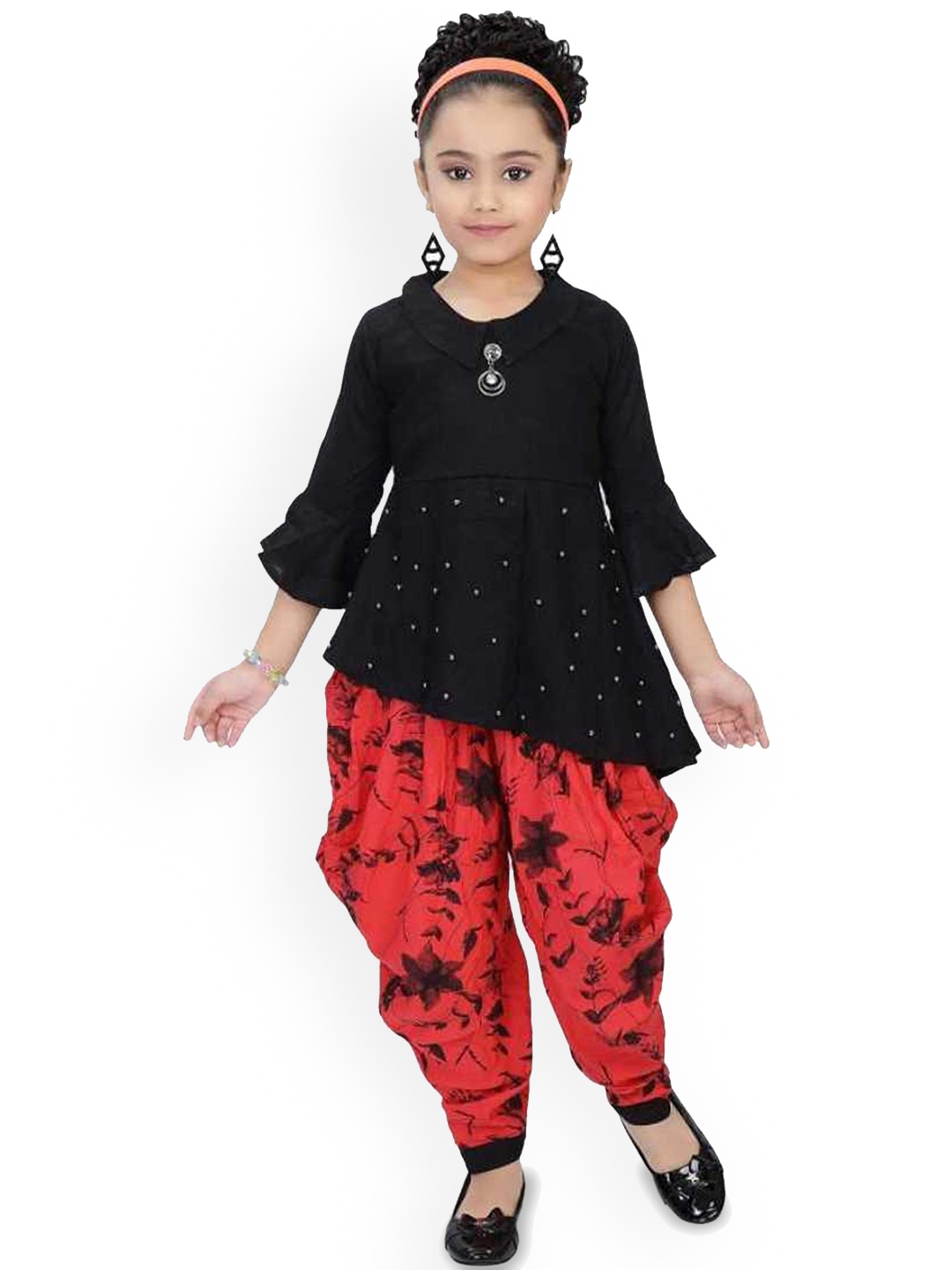 

FELLAMO Girls Peter Pan Collar Three-Quarter Sleeves Top With Dhoti Pant, Red