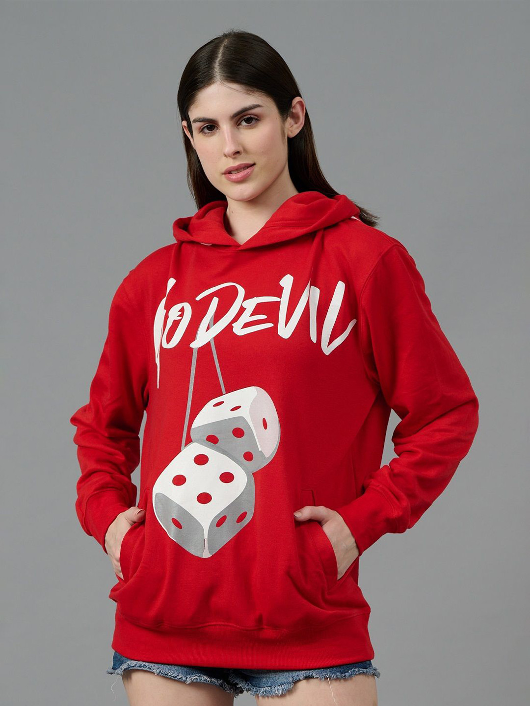 

GO DEVIL Women Printed Hooded Sweatshirt, Red