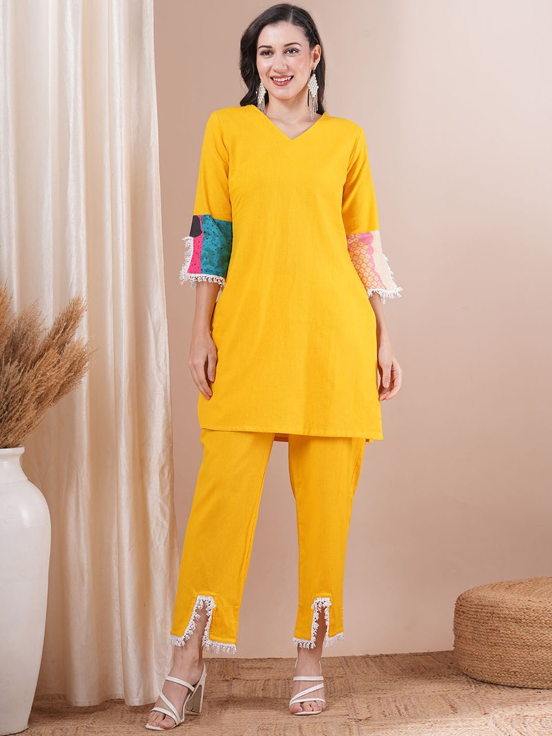 

FASHOR Yellow V-Neck Cotton Tunic With Trousers