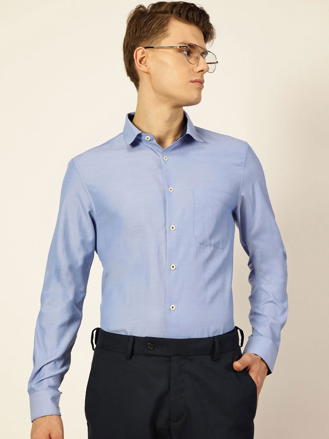 

Thomas Scott Men Smart Cutaway Collar Solid Cotton Formal Shirt, Blue