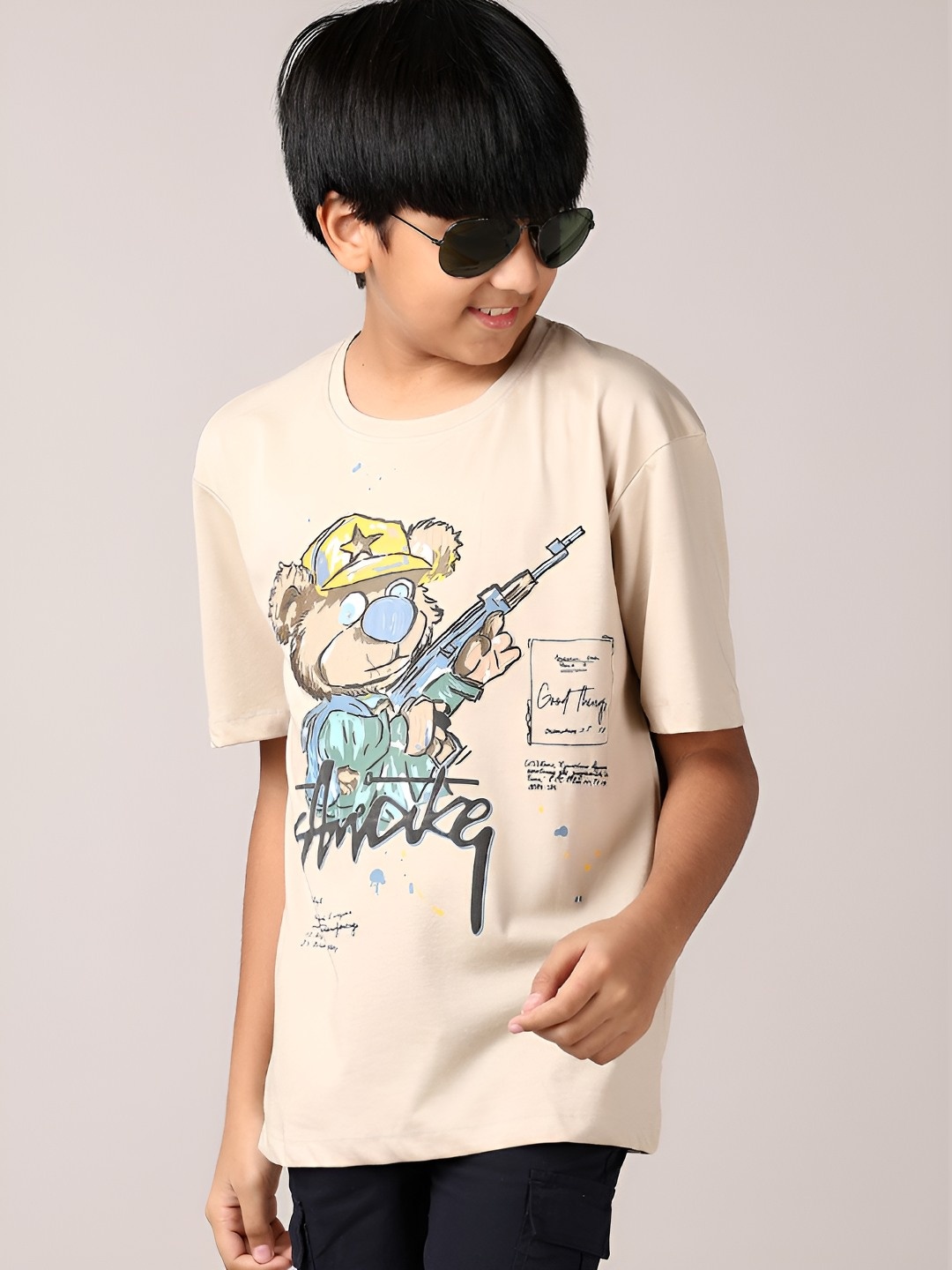 

V-Mart Boys Graphic Printed Round Neck Cotton Oversized T-shirt, Beige