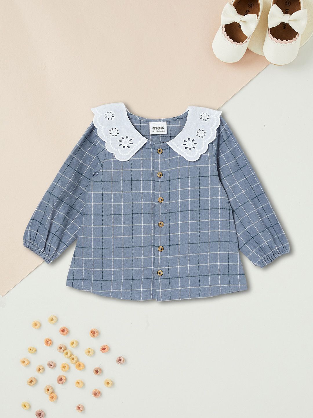 

max Girls Checked Pure Cotton Peter Pan Collar Shirt Style Top, Blue