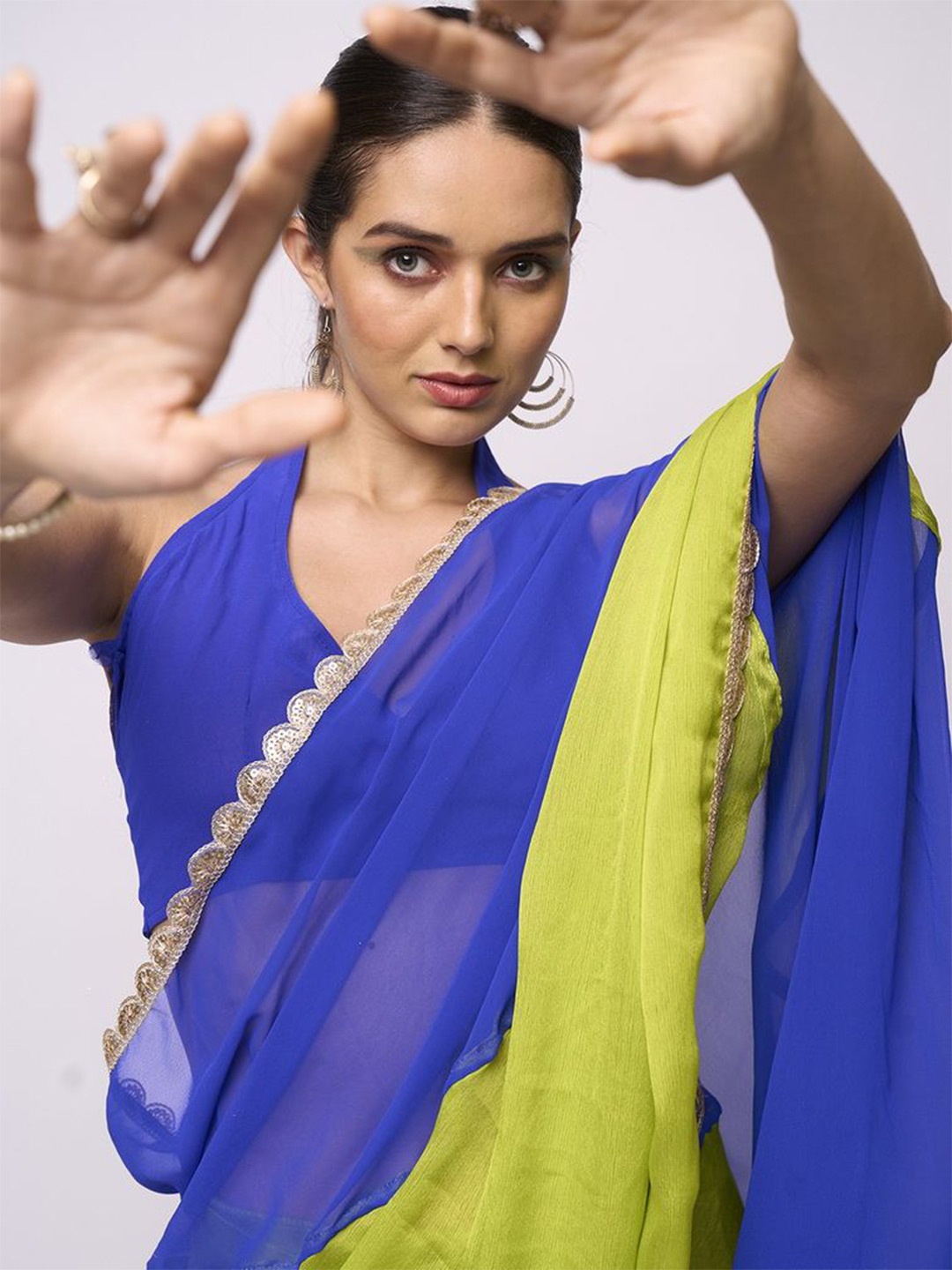 

Mitera Colourblocked Sequinned Pure Chiffon Ready to Wear Saree, Fluorescent green