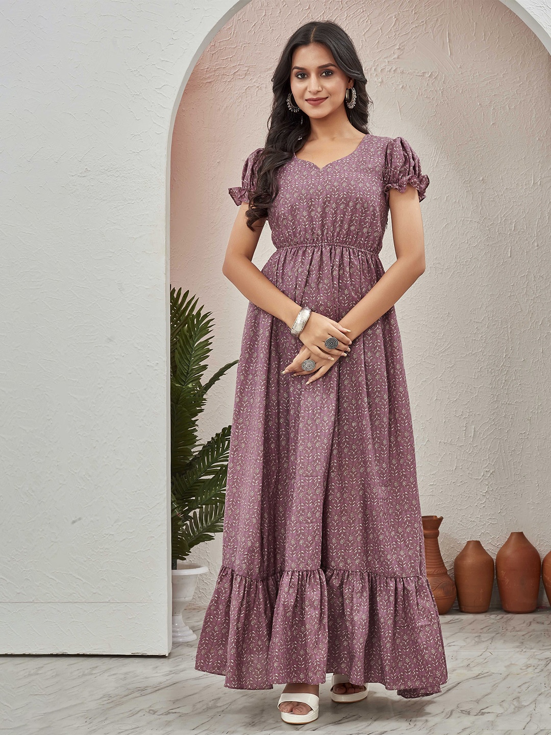 

Chandbaali Women Floral Printed Puff Sleeve Fit & Flare Maxi Dress, Mauve