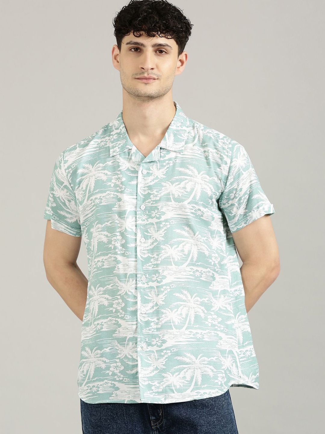 

Provogue Men Cuban Collar Floral Printed Casual Shirt, Sea green