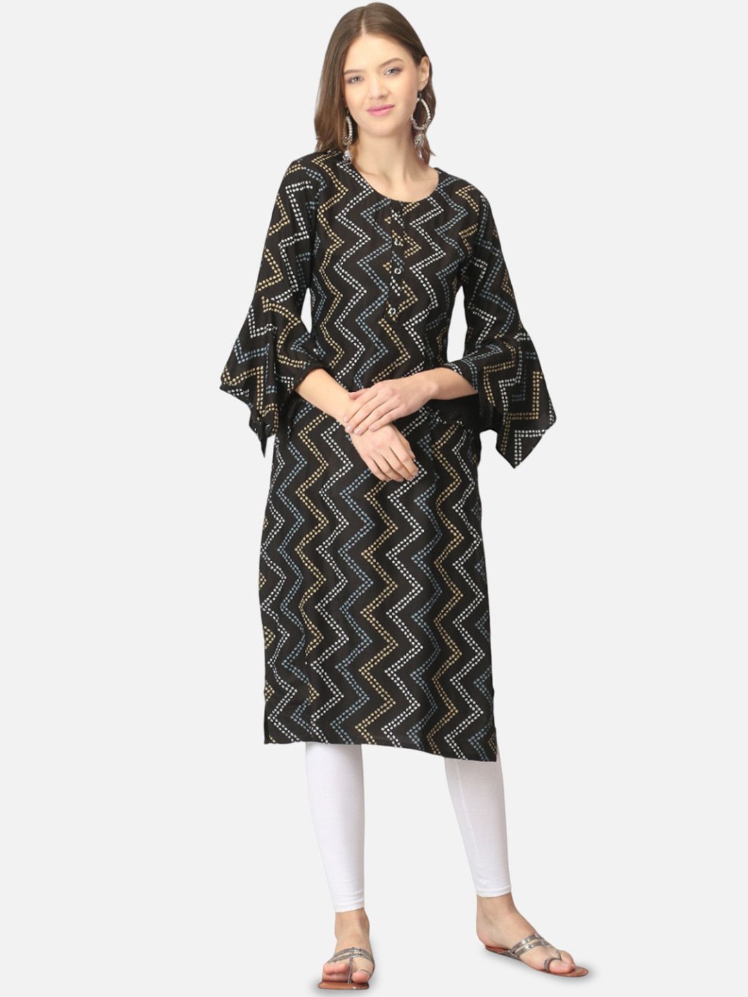 

Biyu Chevron Printed Cotton Straight Kurta, Black