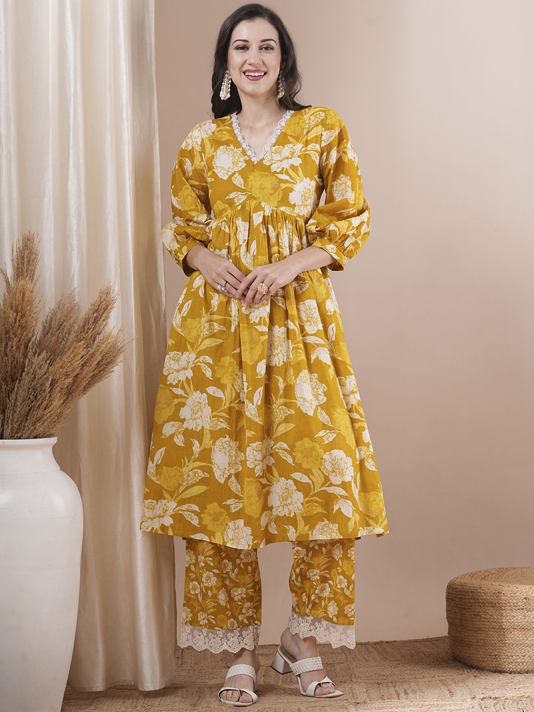 

FASHOR Floral Printed Empire Pure Cotton A-Line Kurta with Palazzos, Mustard