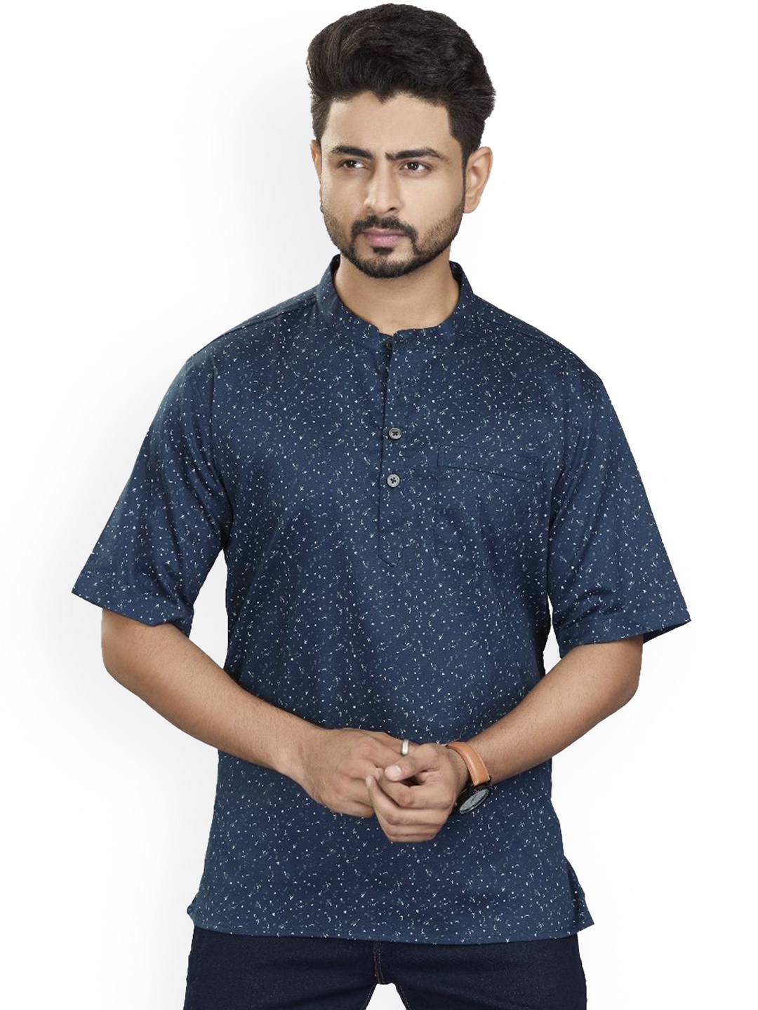 

Authentics Astro Abstract Printed Mandarin Collar Cotton Satin Short Kurta, Navy blue