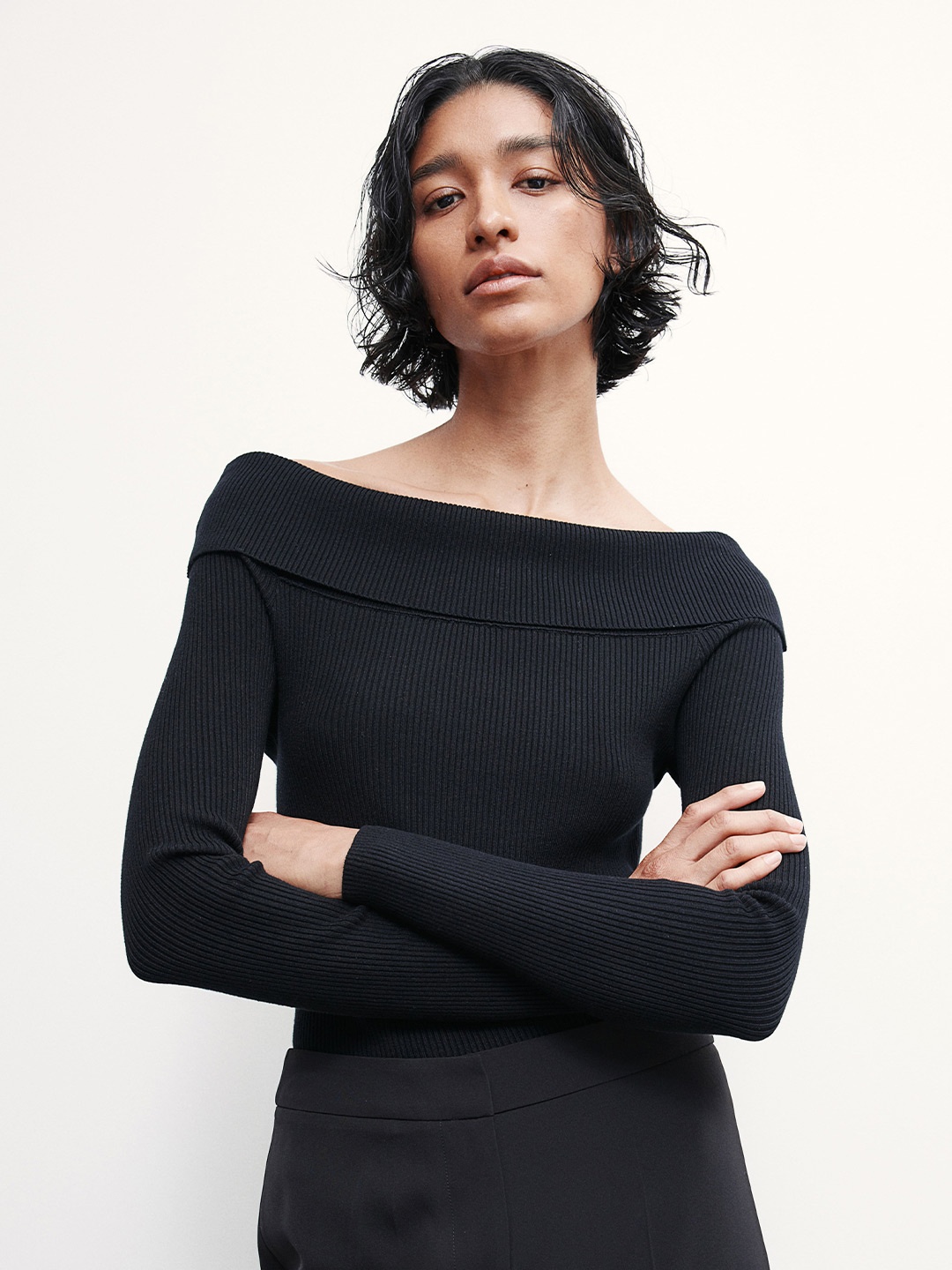 

H&M Rib-Knit Off-The-Shoulder Top, Black