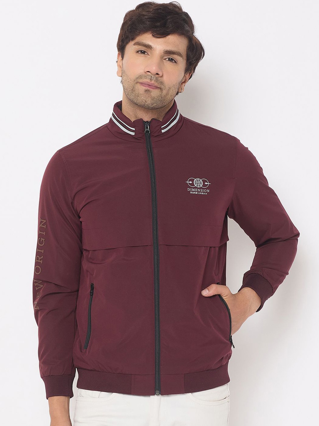 

Duke Men Colourblocked Bomber with Embroidered Jacket, Maroon