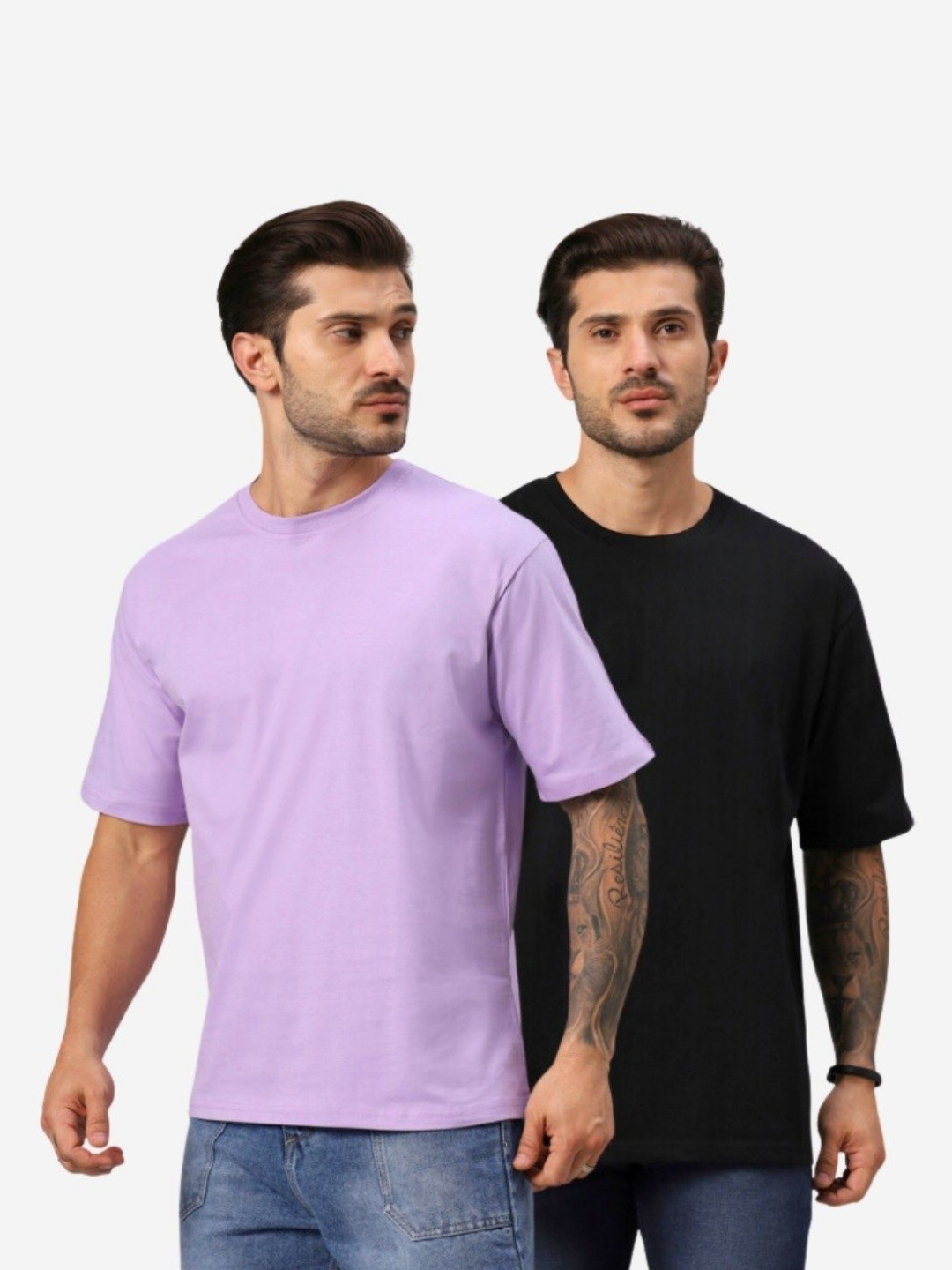 

URBANICE Men Pack Of 2 Solid Round Neck Cotton Oversized T-shirts, Black