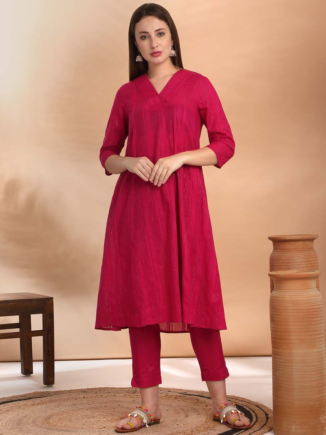

Likha Striped Embroidered V-Neck A-Line Kurta With Pyjama, Red