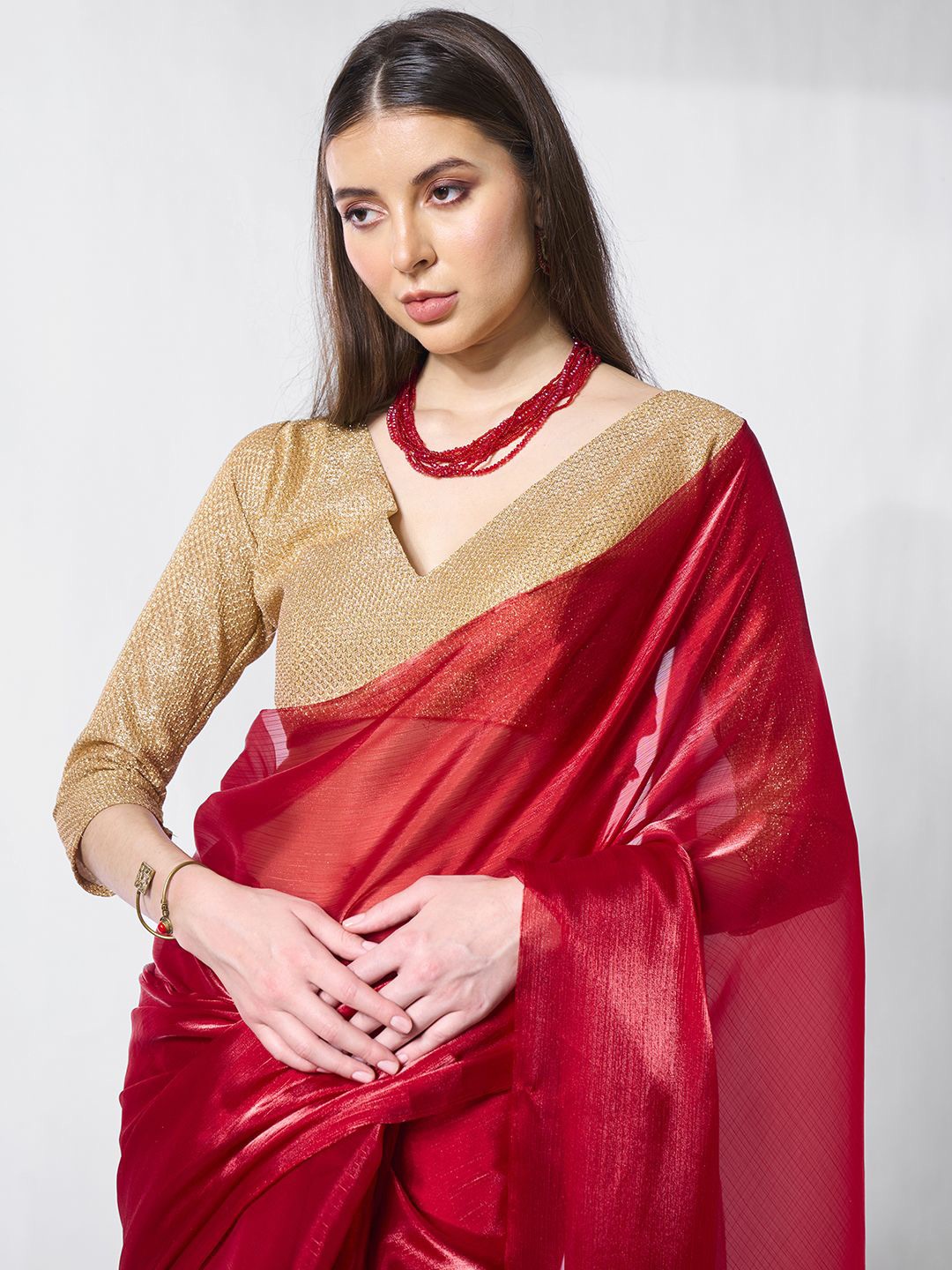 

Mitera Sequinned Organza Ready to Wear Saree, Red
