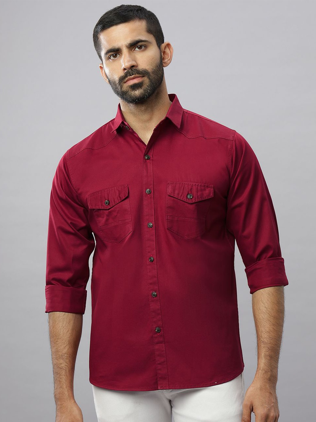 

N AND J Men Relaxed Spread Collar Solid Cotton Casual Shirt, Maroon