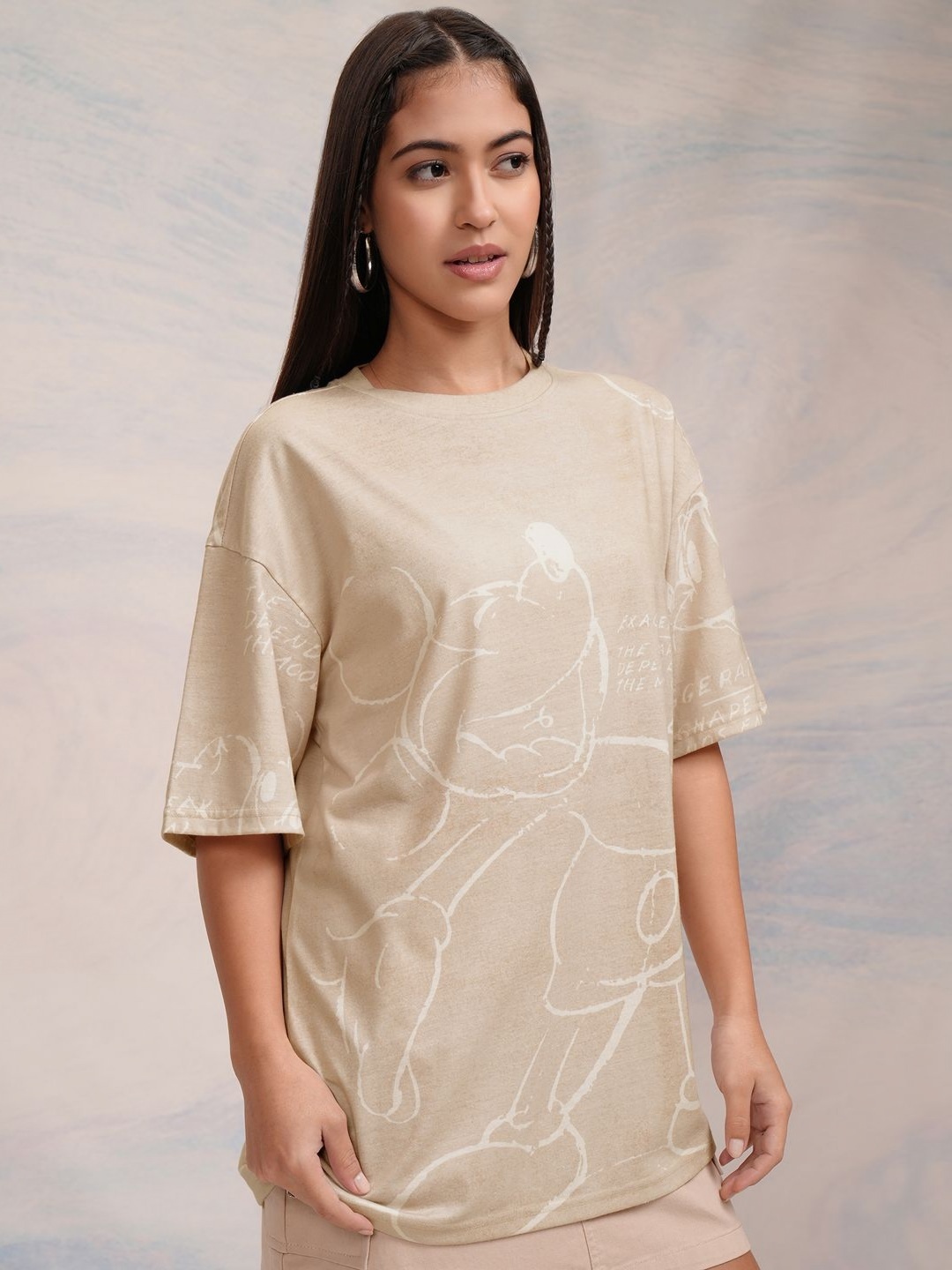 

Tokyo Talkies Disney Women Mickey Mouse Printed Oversized Tshirt, Beige