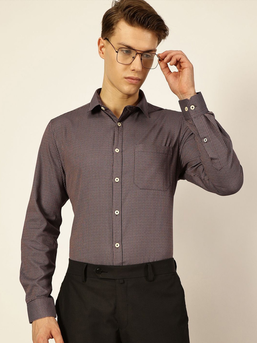 

Thomas Scott Men Smart Spread Collar Pinstripes Striped Cotton Formal Shirt, Brown