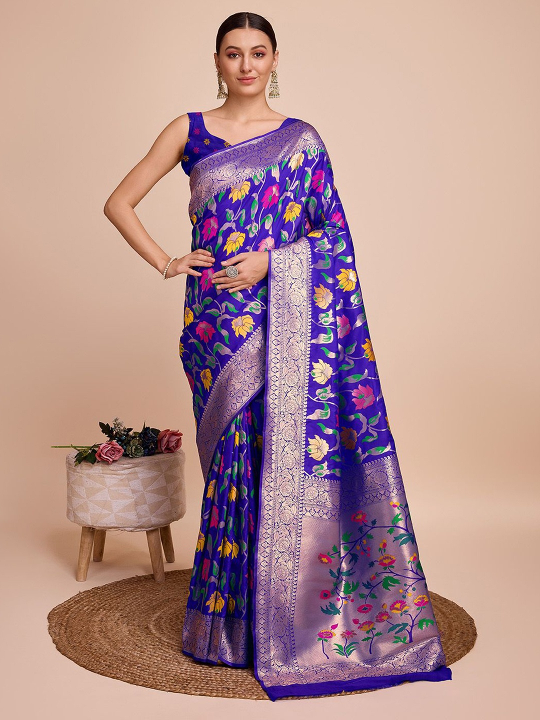 

Suha Embellished Zari Pure Silk Paithani Saree, Blue