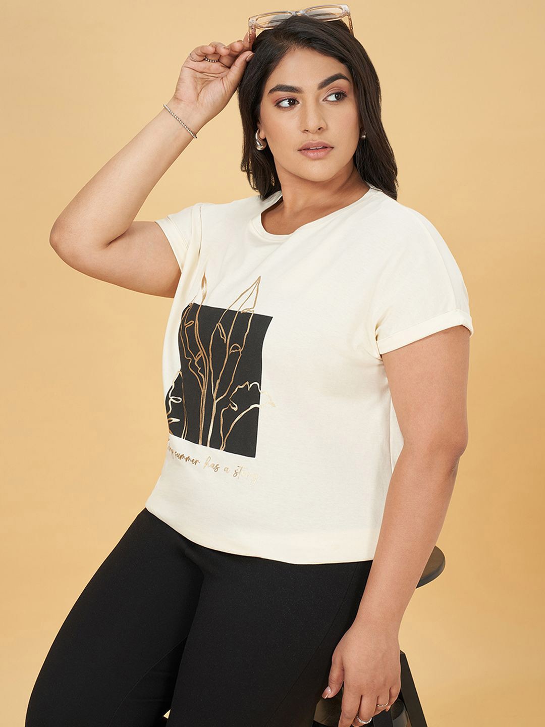 

Honey Curvytude by Pantaloons Women Plus Size Printed Round Neck Cotton Top, Cream