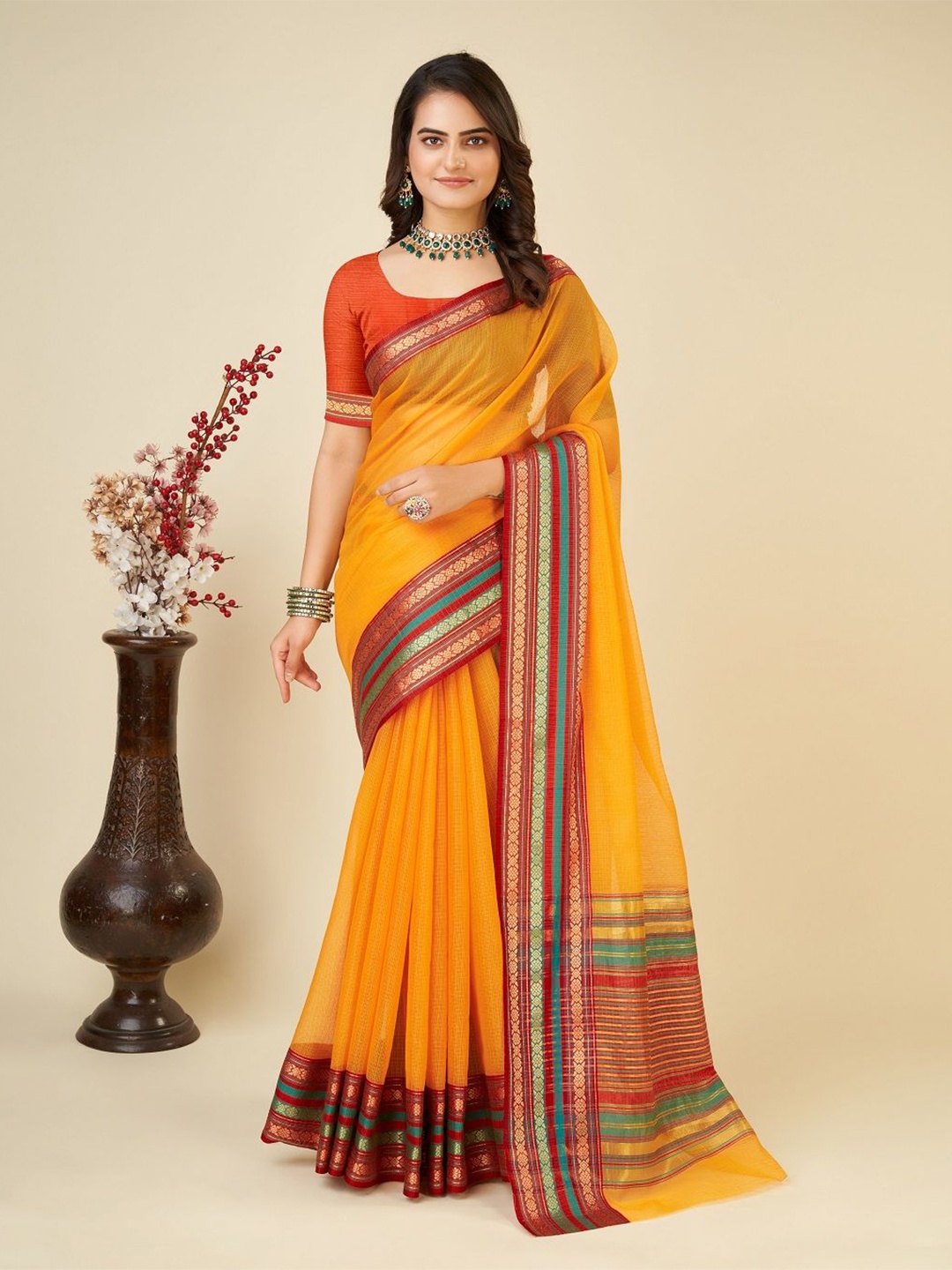 

Suha Woven Design Traditional Kota Doria Zari Saree, Orange