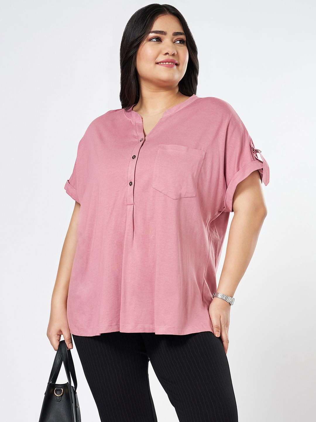 

Honey Curvytude by Pantaloons Women Cotton Shirt Style Top, Pink