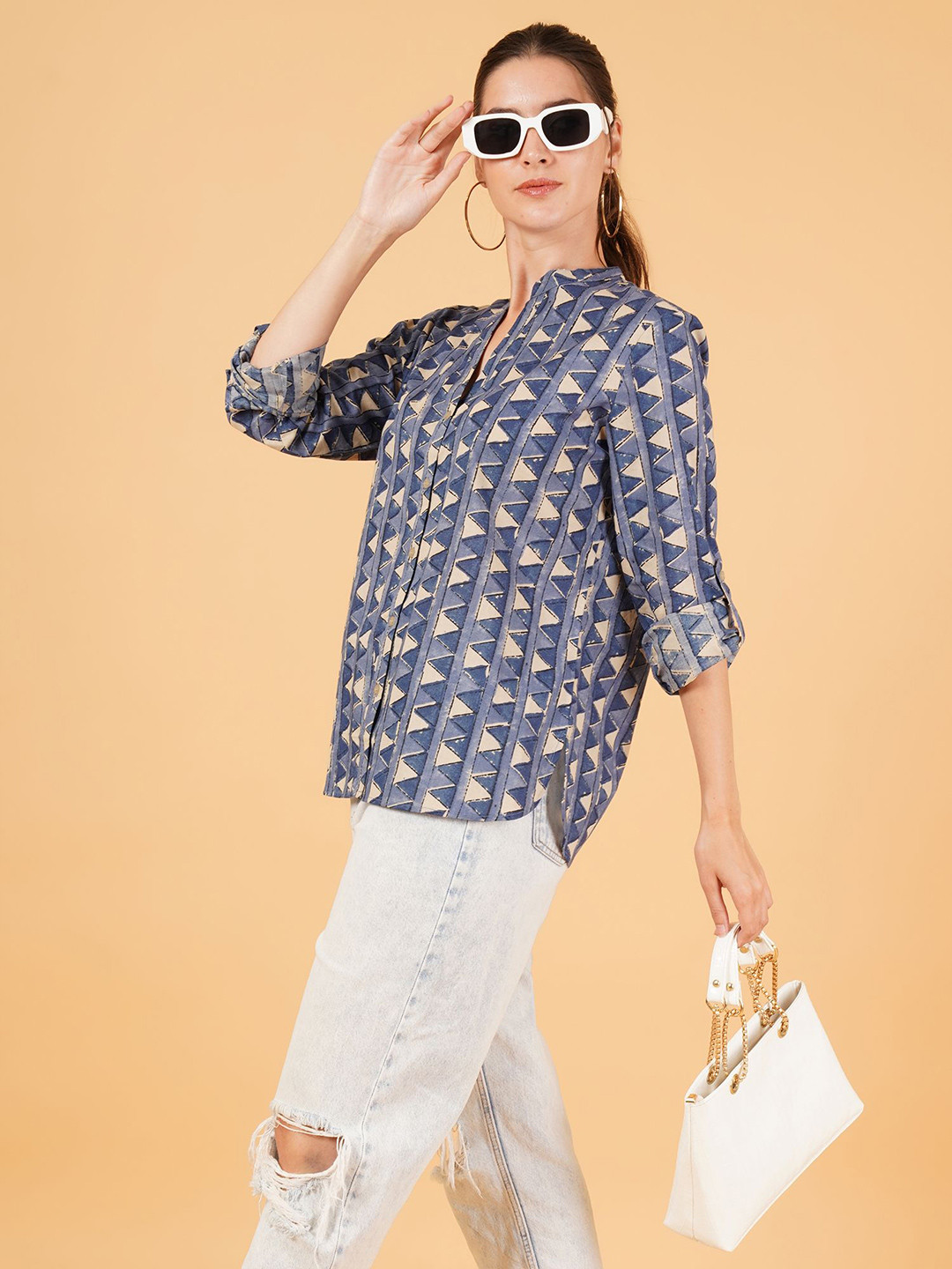 

Mast & Harbour Women Relaxed Geometric Printed Cotton Oversized Casual Shirt, Navy blue