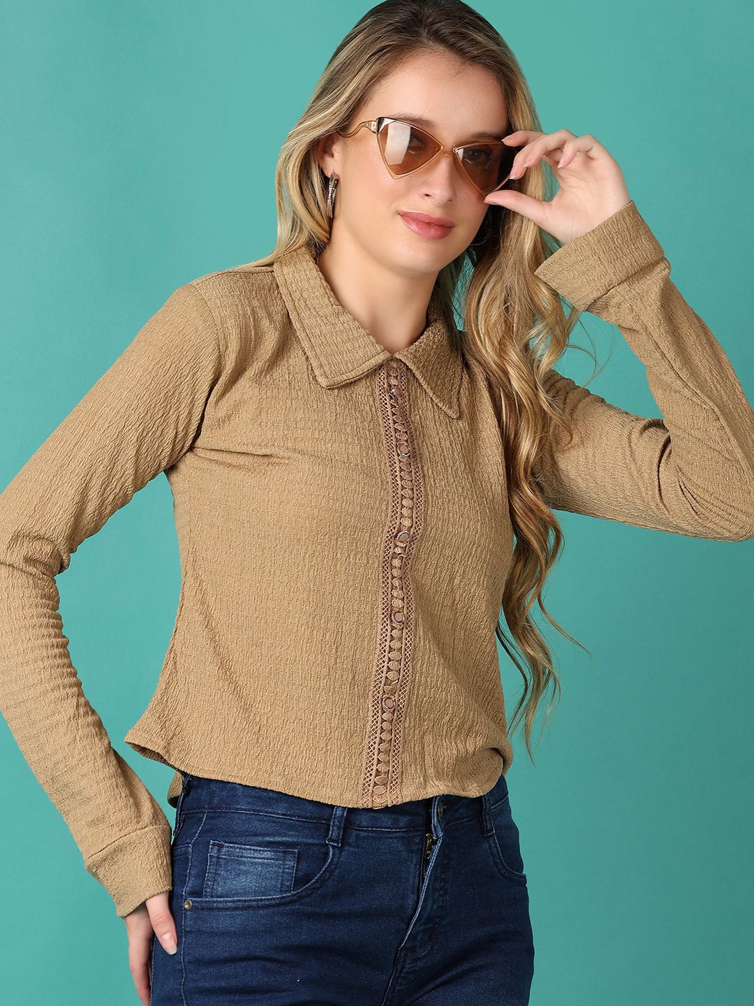 

V-Mart Women Shirt Collar Long Sleeves Cotton Shirt Style Top, Beige